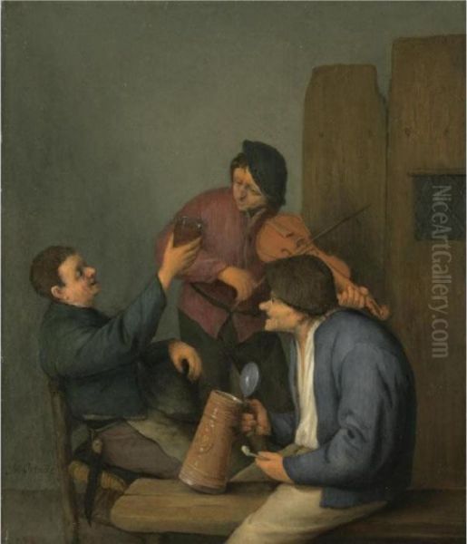 Three Peasants In An Interior Oil Painting by Adriaen Jansz. Van Ostade