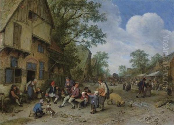 A Village Street With A Hurdy-gurdy Player And A Violinist Playing Outside A Tavern Oil Painting by Adriaen Jansz. Van Ostade