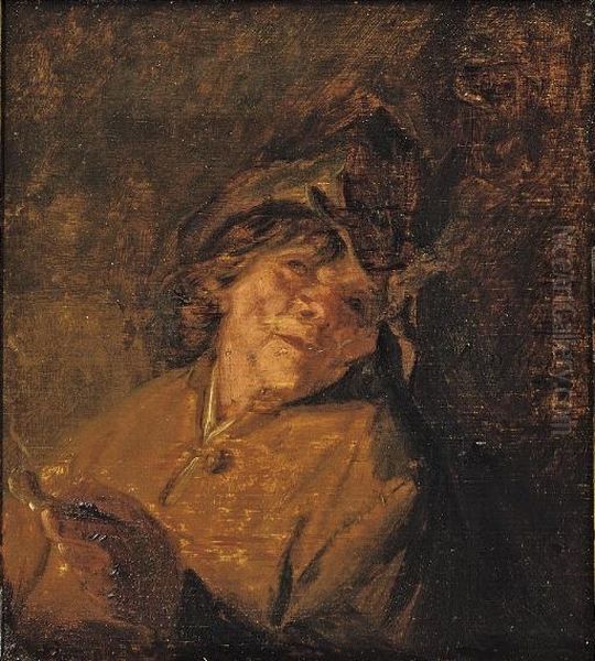 A Study Of A Peasant Smoking A Pipe Oil Painting by Adriaen Jansz. Van Ostade