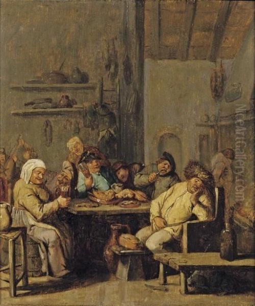 An Interior Of An Inn With Peasants Drinking And Eating Oil Painting by Adriaen Jansz. Van Ostade