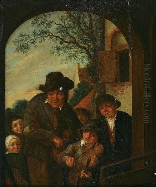 An Itinerant Musician With Children By A Door Oil Painting by Adriaen Jansz. Van Ostade