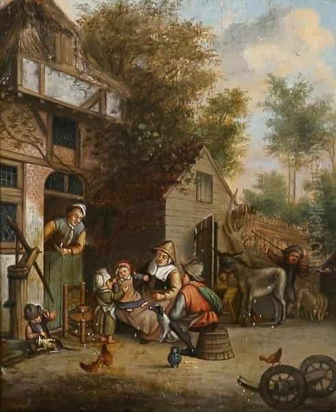 A Pair Of 17th Century Village Scenes, Figures Outside An Inn And A Thatched House Oil Painting by Adriaen Jansz. Van Ostade