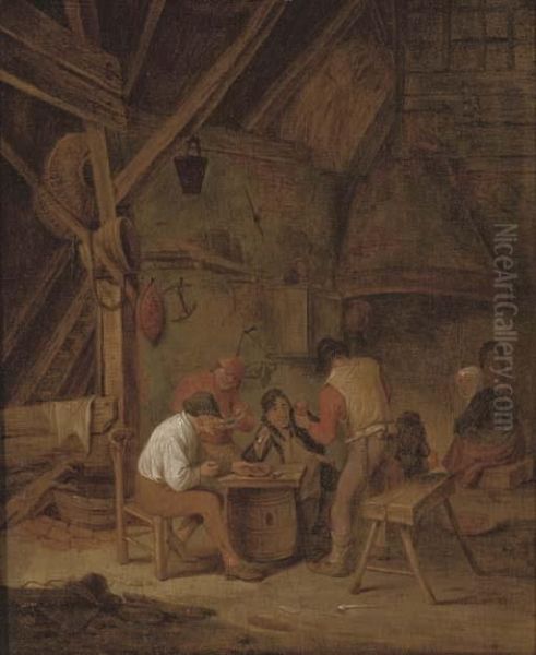 Peasants Smoking And Drinking In An Interior Oil Painting by Adriaen Jansz. Van Ostade