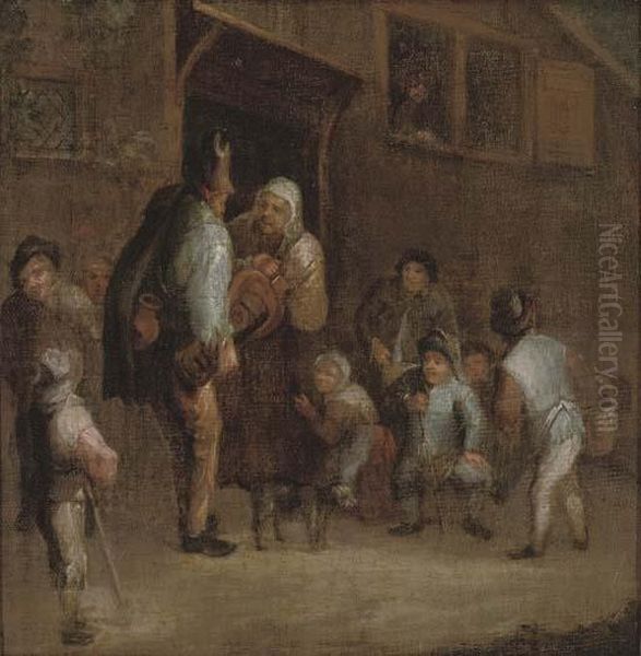 A Hurdy-gurdy Player With Peasants Outside A Tavern Oil Painting by Adriaen Jansz. Van Ostade