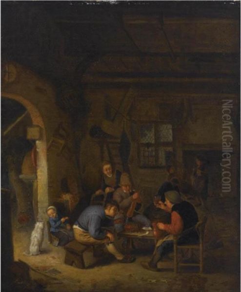 Peasants In An Inn Smoking And Drinking, A Little Girl Feeding A Dog To The Left Oil Painting by Adriaen Jansz. Van Ostade