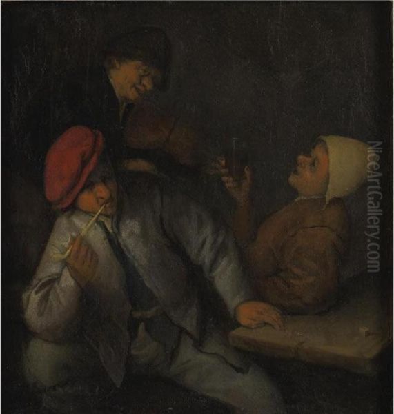 Three Peasants Drinking And Smoking In An Interior Oil Painting by Adriaen Jansz. Van Ostade