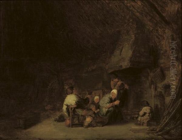 A Peasant Family By A Fireplace In A Barn Oil Painting by Adriaen Jansz. Van Ostade