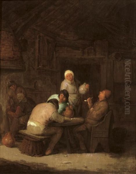 Peasants Seated Around A Table Smoking And Drinking Oil Painting by Adriaen Jansz. Van Ostade