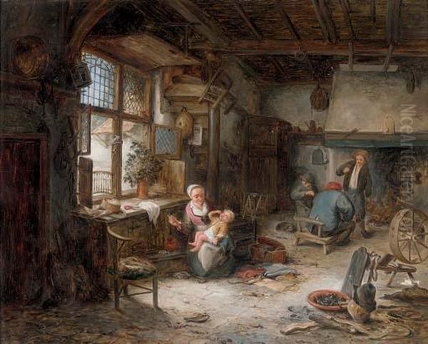 A Mother Feeding Her Child And Other Peasants In An Interior Oil Painting by Adriaen Jansz. Van Ostade