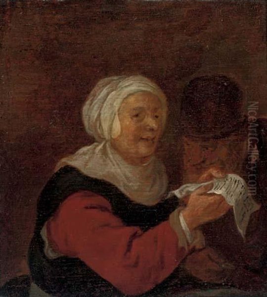 A Woman Reading A Letter To A Man In An Interior Oil Painting by Adriaen Jansz. Van Ostade