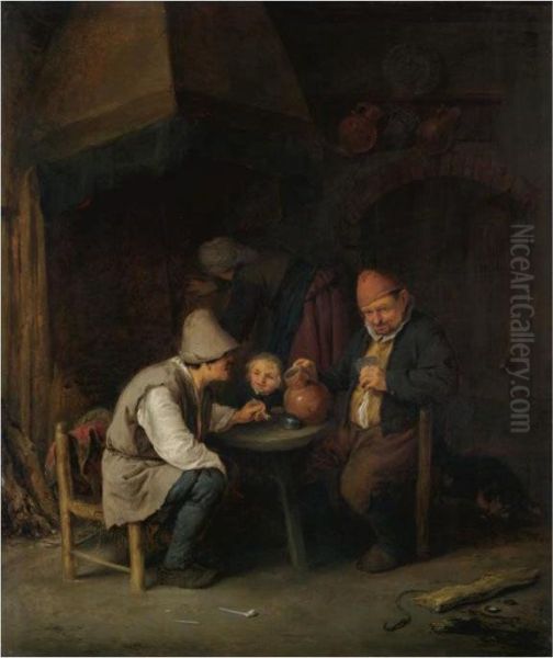 A Peasant Family In An Interior Oil Painting by Adriaen Jansz. Van Ostade