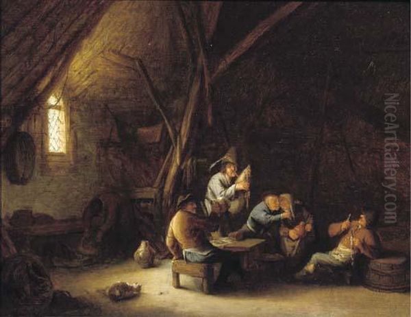 A Barn Interior With Merry Company And A Bagpipe Player Oil Painting by Adriaen Jansz. Van Ostade