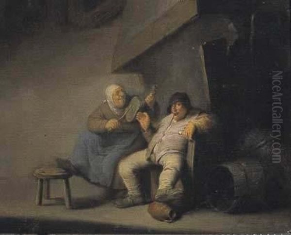 Coppia Di Paesani In Un Interno Oil Painting by Adriaen Jansz. Van Ostade