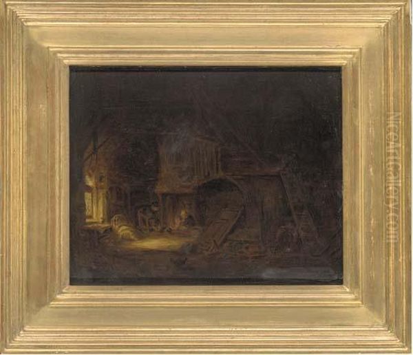 Figures In A Barn Oil Painting by Adriaen Jansz. Van Ostade