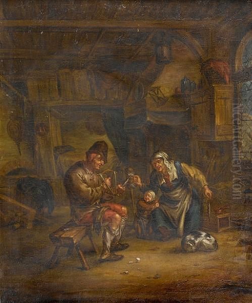 A Peasant Family In A Cottage Interior Oil Painting by Adriaen Jansz. Van Ostade