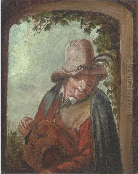 A Hurdy Gurdy Player Oil Painting by Adriaen Jansz. Van Ostade