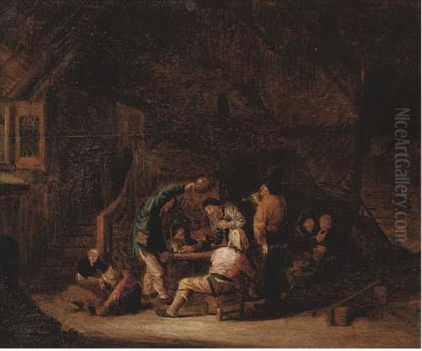 Boors Smoking And Drinking In A Barn Oil Painting by Adriaen Jansz. Van Ostade