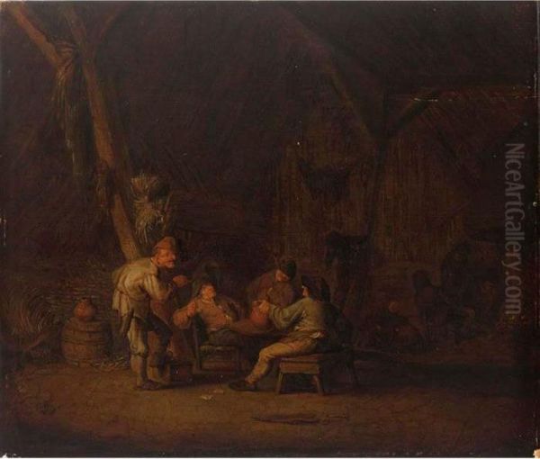 A Barn Interior With Peasants Smoking And Drinking Oil Painting by Adriaen Jansz. Van Ostade