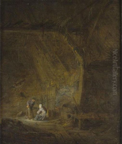 A Barn Interior With Two Peasants Conversing Oil Painting by Adriaen Jansz. Van Ostade