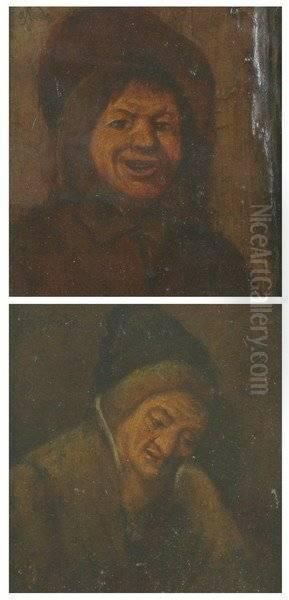 Men In Hats: Two Miniatures Oil Painting by Adriaen Jansz. Van Ostade