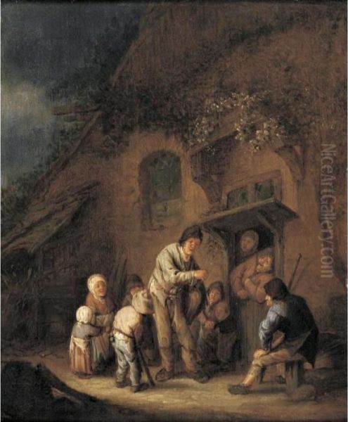 Hurdy-gurdy Player Before A Farmhouse Oil Painting by Adriaen Jansz. Van Ostade