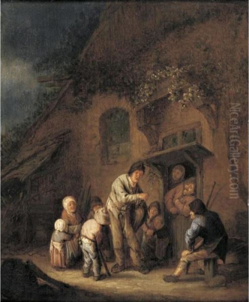 A Hurdy-gurdy Player Before A Farmhouse Oil Painting by Adriaen Jansz. Van Ostade