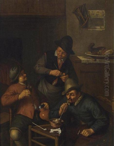 Three Men Smoking A Pipe And Drinking In An Interior Oil Painting by Adriaen Jansz. Van Ostade