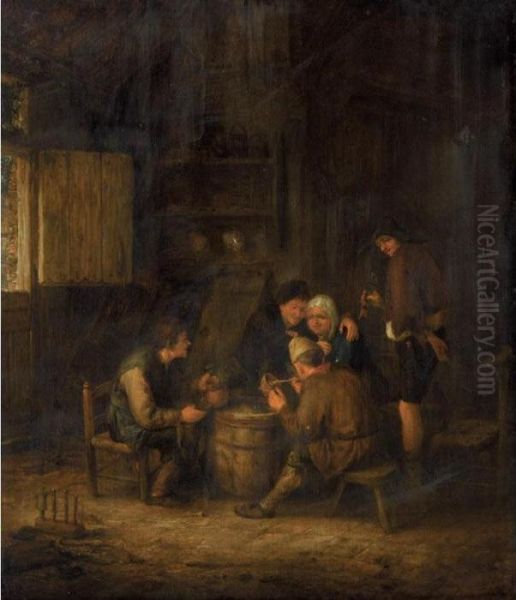 An Interior With Peasants Huddled Around A Cask, Smoking And Drinking Oil Painting by Adriaen Jansz. Van Ostade