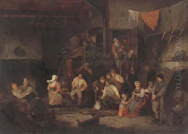 Peasants Drinking And Merrymaking In A Tavern Oil Painting by Adriaen Jansz. Van Ostade