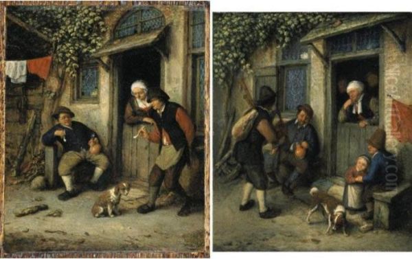 Figures Smoking Pipes By A Cottage Door Oil Painting by Adriaen Jansz. Van Ostade