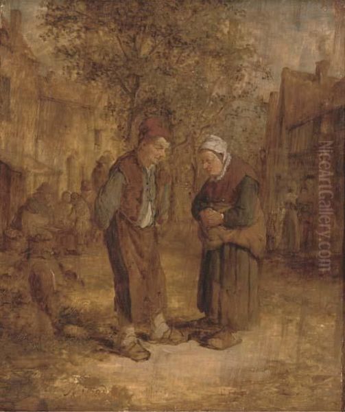 Two Peasants Conversing In A Village Street Oil Painting by Adriaen Jansz. Van Ostade