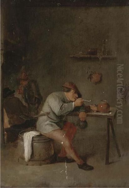 A Smoking Man In An Interior Oil Painting by Adriaen Jansz. Van Ostade