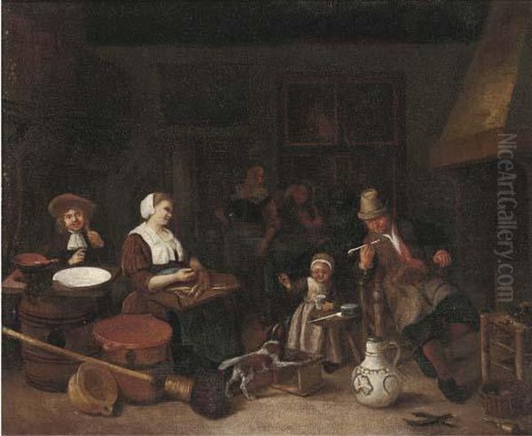 A Kitchen Interior With A Woman Cutting Fish And A Girl Playingwith A Dog Oil Painting by Adriaen Jansz. Van Ostade