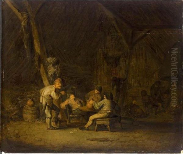 A Barn Interior With Peasants Smoking And Drinking Oil Painting by Adriaen Jansz. Van Ostade