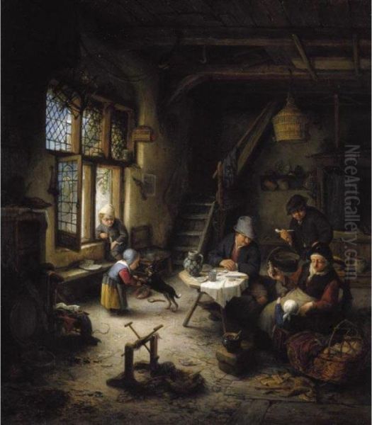 A Peasant Family In A Cottage Interior Oil Painting by Adriaen Jansz. Van Ostade