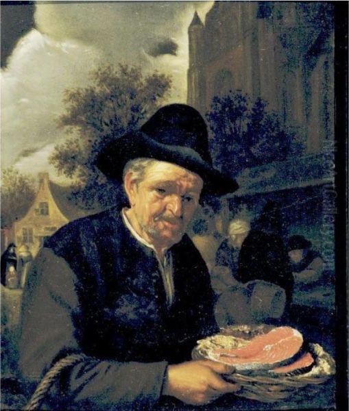 A Peasant Holding A Basket Of Fish In A Market Oil Painting by Adriaen Jansz. Van Ostade