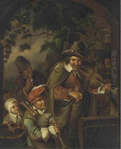 Musicians Outside A Tavern Oil Painting by Adriaen Jansz. Van Ostade