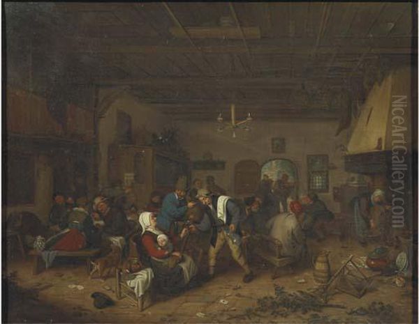 Peasants Drinking And Conversing In An Inn Oil Painting by Adriaen Jansz. Van Ostade