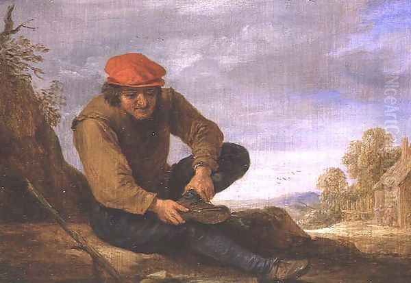 Seated man removing his shoe Oil Painting by David The Younger Teniers