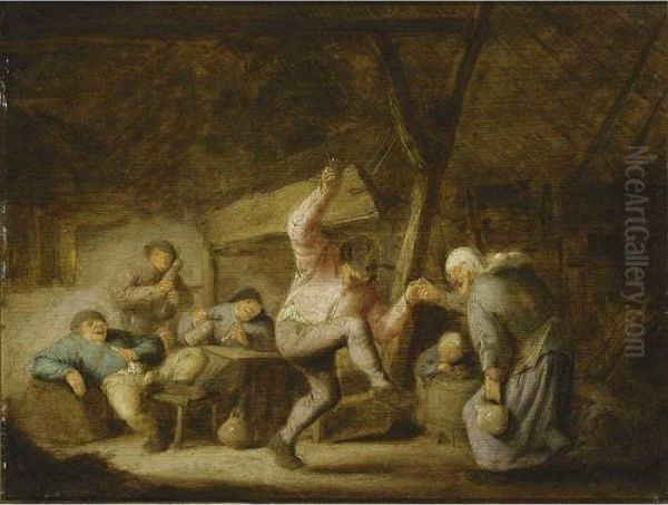 Peasants In An Inn With A Couple
 Dancing To The Music Of A Bagpipe Player And Others Drinking And 
Smoking At A Table Oil Painting by Adriaen Jansz. Van Ostade