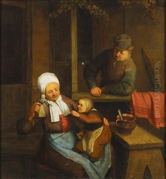 A Couple Entertaining A Young Child Oil Painting by Adriaen Jansz. Van Ostade