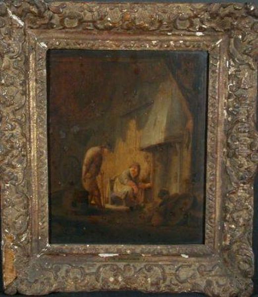 Couple Before A Hearth Oil Painting by Adriaen Jansz. Van Ostade