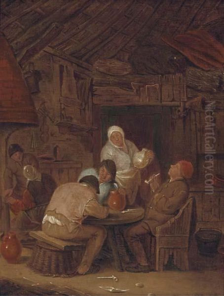 Peasants Smoking And Drinking In A Tavern Oil Painting by Adriaen Jansz. Van Ostade