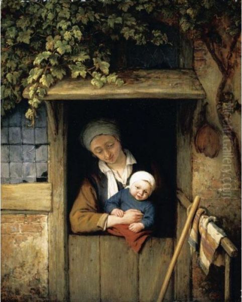 A Mother Holding Her Child In A Doorway Oil Painting by Adriaen Jansz. Van Ostade