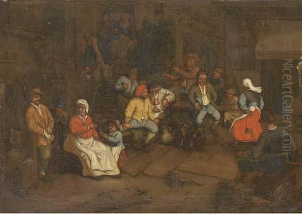 Peasants Drinking And Making 
Merry In A Tavern; And Peasantsdrinking And Playing Cards In A Tavern Oil Painting by Adriaen Jansz. Van Ostade