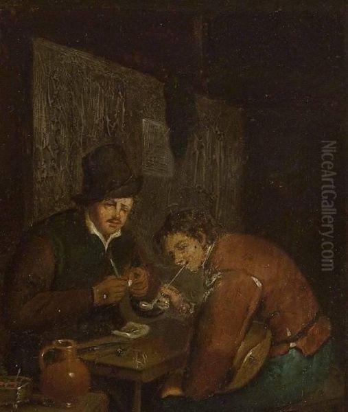 Two Men Smoking Pipes In A Tavern Oil Painting by Adriaen Jansz. Van Ostade