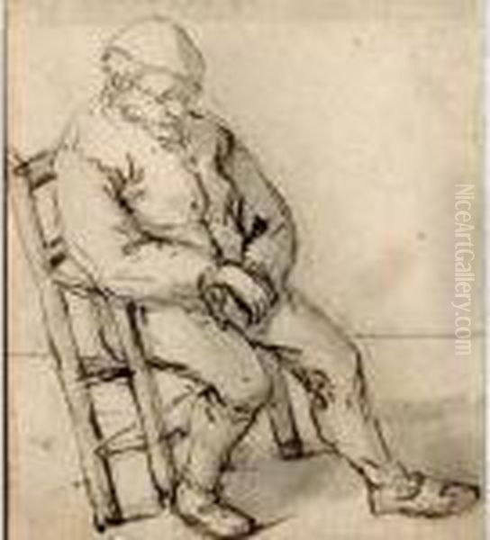 A Seated Peasant With His Hands Folded, Tilting His Chair Back Oil Painting by Adriaen Jansz. Van Ostade