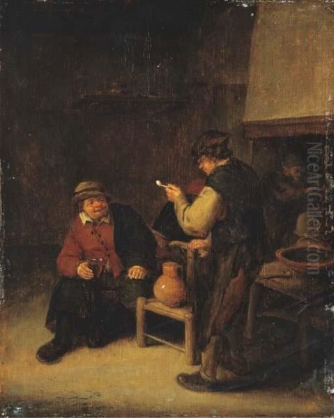 Peasants Drinking In An Interior Oil Painting by Adriaen Jansz. Van Ostade