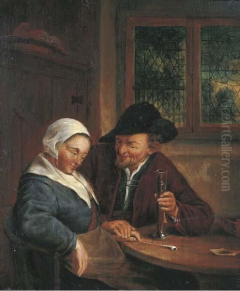 A Man Courting A Woman In An Interior Oil Painting by Adriaen Jansz. Van Ostade