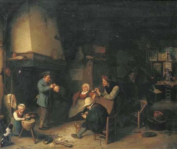 Peasants Smoking And Drinking In An Inn Oil Painting by Adriaen Jansz. Van Ostade